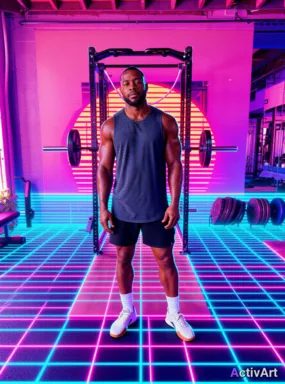 Workout photo from a strength training session, restyled by ActivArt in the Synthwave style with the athlete's face and pose preserved