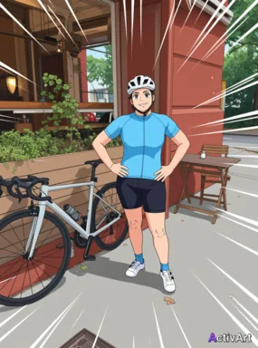Workout photo from a road cycling session, restyled by ActivArt in the Anime style with the athlete's face and pose preserved
