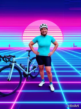 Workout photo from a road cycling session, restyled by ActivArt in the Synthwave style with the athlete's face and pose preserved