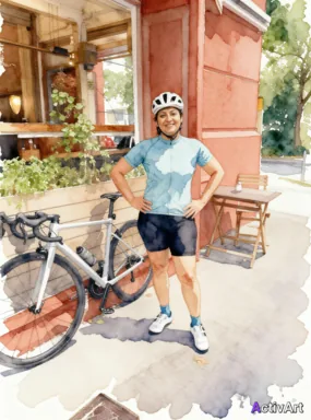Workout photo from a road cycling session, restyled by ActivArt in the Watercolour style with the athlete's face and pose preserved
