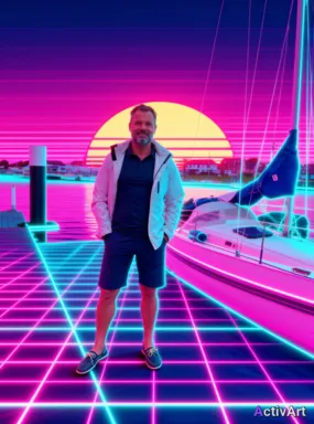 Workout photo from a sailing session, restyled by ActivArt in the Synthwave style with the athlete's face and pose preserved