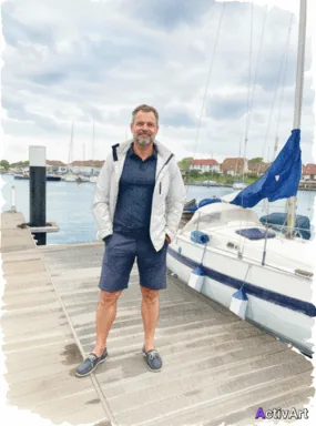 Workout photo from a sailing session, restyled by ActivArt in the Watercolour style with the athlete's face and pose preserved