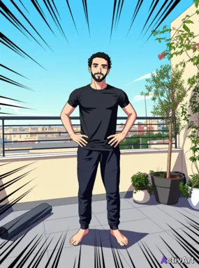Workout photo from a yoga session, restyled by ActivArt in the Anime style with the athlete's face and pose preserved