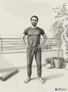 Workout photo from a yoga session, restyled by ActivArt in the Pencil Sketch style with the athlete's face and pose preserved
