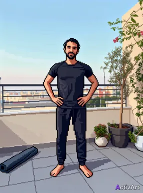 Workout photo from a yoga session, restyled by ActivArt in the Pixel Art style with the athlete's face and pose preserved