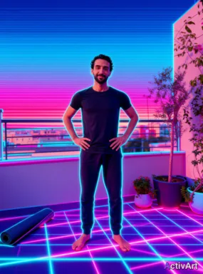 Workout photo from a yoga session, restyled by ActivArt in the Synthwave style with the athlete's face and pose preserved