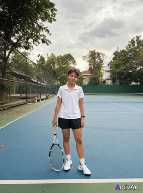Workout photo from a tennis session, restyled by ActivArt in the Cinematic style with the athlete's face and pose preserved