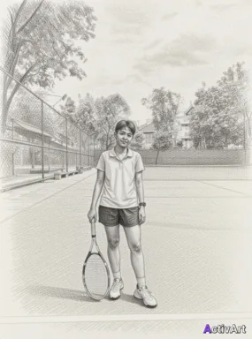 Workout photo from a tennis session, restyled by ActivArt in the Pencil Sketch style with the athlete's face and pose preserved