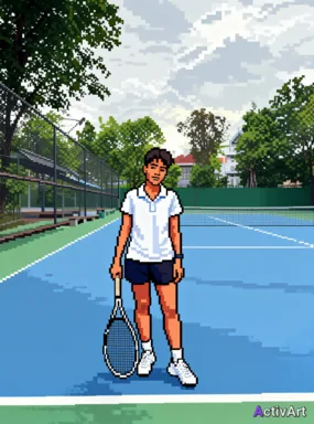 Workout photo from a tennis session, restyled by ActivArt in the Pixel Art style with the athlete's face and pose preserved