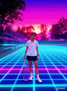 Workout photo from a tennis session, restyled by ActivArt in the Synthwave style with the athlete's face and pose preserved