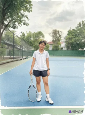 Workout photo from a tennis session, restyled by ActivArt in the Watercolour style with the athlete's face and pose preserved
