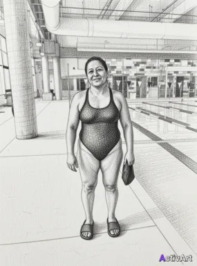 Workout photo from a lap swimming session, restyled by ActivArt in the Pencil Sketch style with the athlete's face and pose preserved