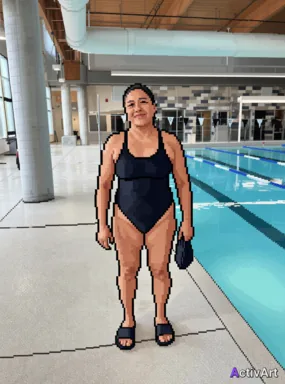 Workout photo from a lap swimming session, restyled by ActivArt in the Pixel Art style with the athlete's face and pose preserved