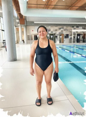 Workout photo from a lap swimming session, restyled by ActivArt in the Watercolour style with the athlete's face and pose preserved