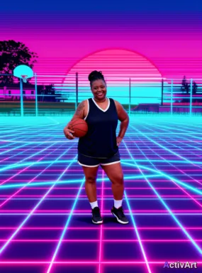 Workout photo from a basketball session, restyled by ActivArt in the Synthwave style with the athlete's face and pose preserved