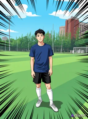 Workout photo from a football training session, restyled by ActivArt in the Anime style with the athlete's face and pose preserved