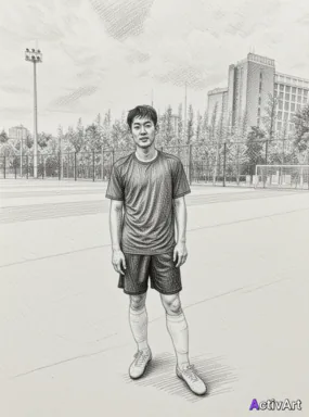 Workout photo from a football training session, restyled by ActivArt in the Pencil Sketch style with the athlete's face and pose preserved