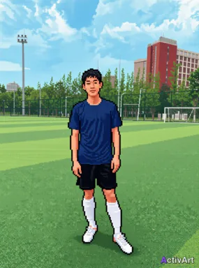 Workout photo from a football training session, restyled by ActivArt in the Pixel Art style with the athlete's face and pose preserved