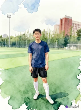 Workout photo from a football training session, restyled by ActivArt in the Watercolour style with the athlete's face and pose preserved