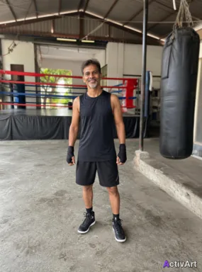 Workout photo from a boxing fitness session, restyled by ActivArt in the Cinematic style with the athlete's face and pose preserved