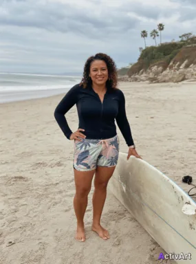 Workout photo from a surfing session, restyled by ActivArt in the Cinematic style with the athlete's face and pose preserved
