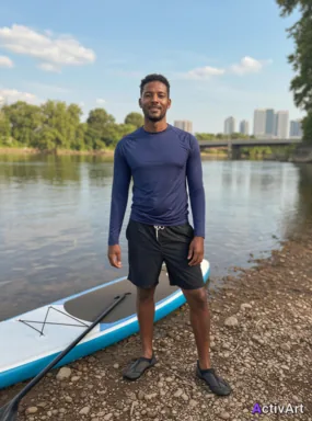 Workout photo from a stand-up paddleboarding session, restyled by ActivArt in the Cinematic style with the athlete's face and pose preserved