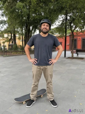 Workout photo from a skateboarding session, restyled by ActivArt in the Cinematic style with the athlete's face and pose preserved