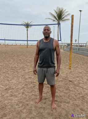 Workout photo from a beach volleyball session, restyled by ActivArt in the Cinematic style with the athlete's face and pose preserved