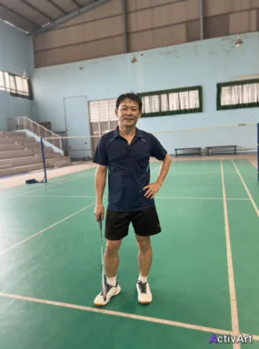 Workout photo from a badminton session, restyled by ActivArt in the Cinematic style with the athlete's face and pose preserved