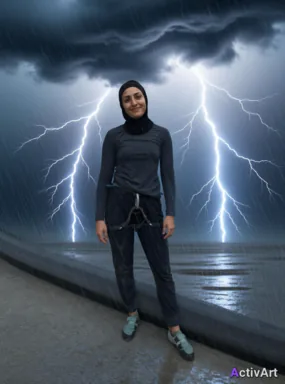Workout photo from a indoor climbing session, restyled by ActivArt with thunderstorm atmosphere