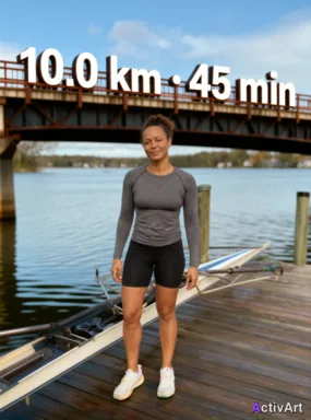 Workout photo from a recreational rowing session, restyled by ActivArt with real activity stats placed on bridge in the scene