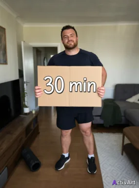 Workout photo from a mobility stretching session, restyled by ActivArt with real activity stats placed on cardboard sign in the scene