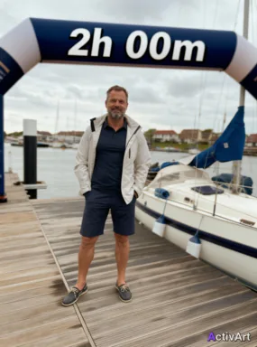 Workout photo from a sailing session, restyled by ActivArt with real activity stats placed on finish arch in the scene