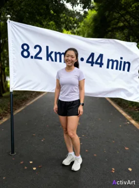 Workout photo from a running session, restyled by ActivArt with real activity stats placed on flag banner in the scene