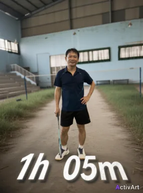 Workout photo from a badminton session, restyled by ActivArt with real activity stats placed on on the ground in the scene