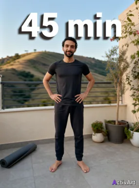 Workout photo from a yoga session, restyled by ActivArt with real activity stats placed on hillside letters in the scene