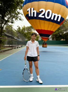 Workout photo from a tennis session, restyled by ActivArt with real activity stats placed on hot air balloon in the scene