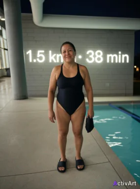 Workout photo from a lap swimming session, restyled by ActivArt with real activity stats placed on light projection in the scene