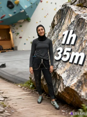 Workout photo from a indoor climbing session, restyled by ActivArt with real activity stats placed on rock face in the scene