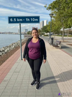 Workout photo from a fitness walking session, restyled by ActivArt with real activity stats placed on road sign in the scene