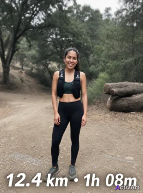 Workout photo from a trail running session, restyled by ActivArt with real activity stats placed on road chalk in the scene