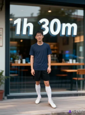 Workout photo from a football training session, restyled by ActivArt with real activity stats placed on shop window in the scene