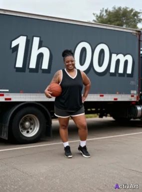Workout photo from a basketball session, restyled by ActivArt with real activity stats placed on truck side in the scene