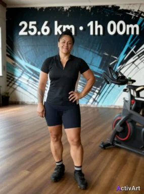 Workout photo from a indoor cycling session, restyled by ActivArt with real activity stats placed on on a wall in the scene