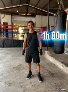 Workout photo from a boxing fitness session, restyled by ActivArt with activity stats lettered in the bold athletic style