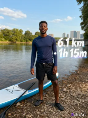 Workout photo from a stand-up paddleboarding session, restyled by ActivArt with activity stats lettered in the chalk style