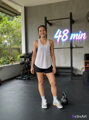 Workout photo from a functional fitness session, restyled by ActivArt with activity stats lettered in the graffiti spray style