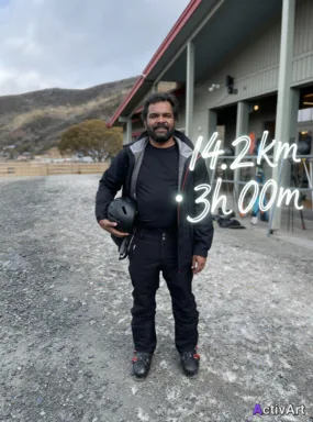 Workout photo from a skiing session, restyled by ActivArt with activity stats lettered in the handwritten style
