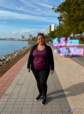 Workout photo from a fitness walking session, restyled by ActivArt with activity stats lettered in the holographic style