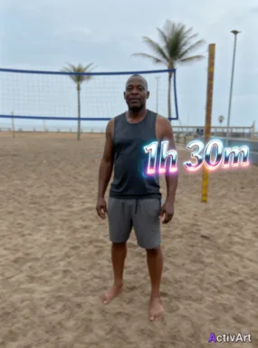 Workout photo from a beach volleyball session, restyled by ActivArt with activity stats lettered in the liquid chrome style